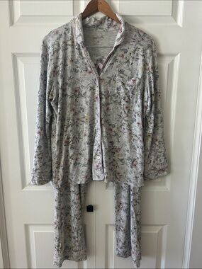 Papinelle Heathered Gray & Floral Knit Pajama Set Sz M